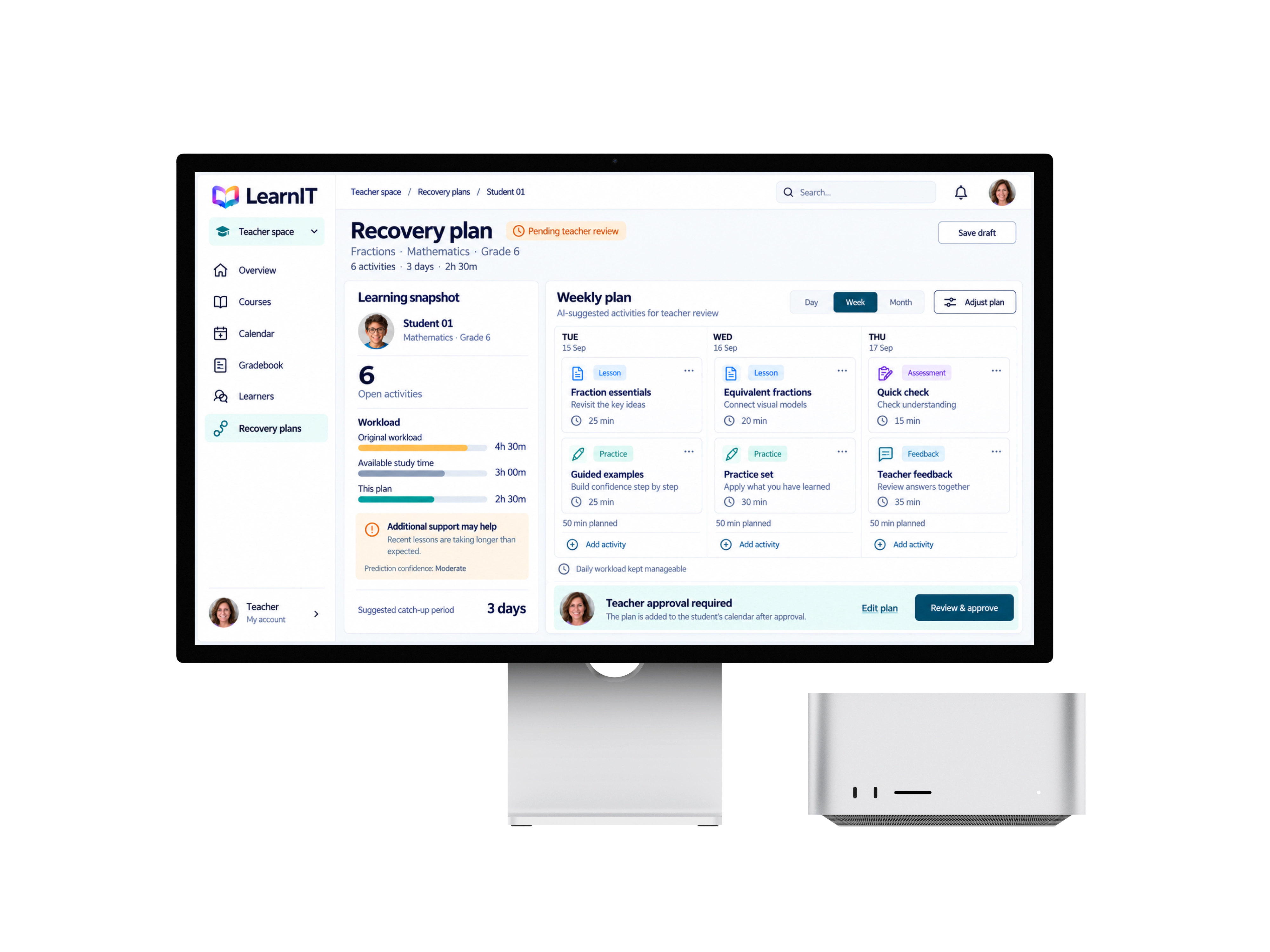 LearnIT teacher recovery plan with workload signals, weekly learning activities and teacher approval