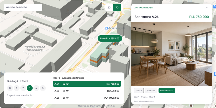 Illustrative property explorer: Building A, floor 3, available apartments and Apartment A.24 preview