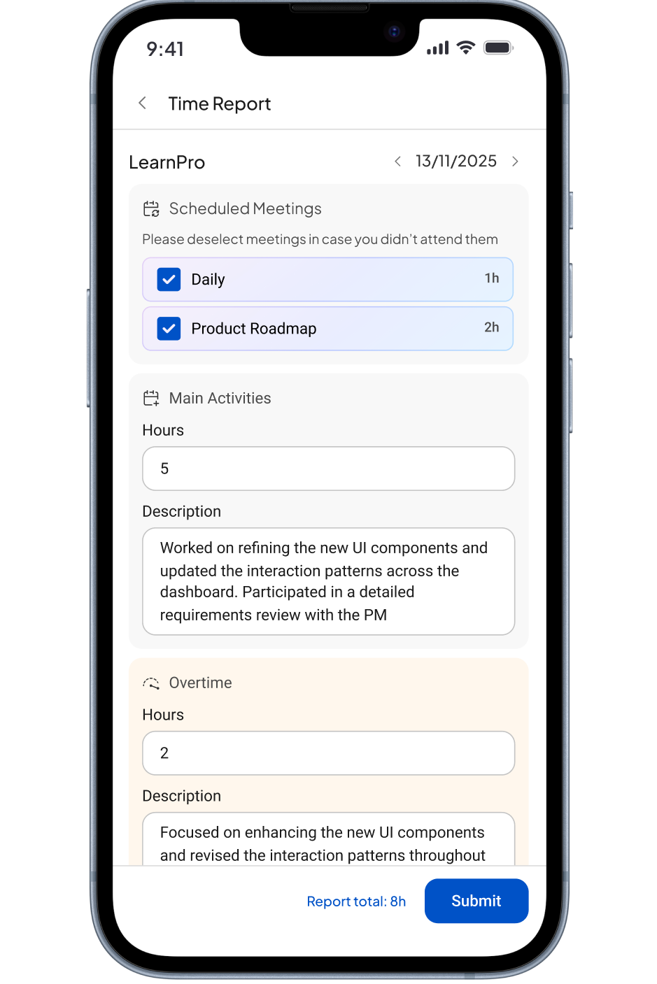 TimeMe mobile app showing daily meetings, reporting entries, and calendar